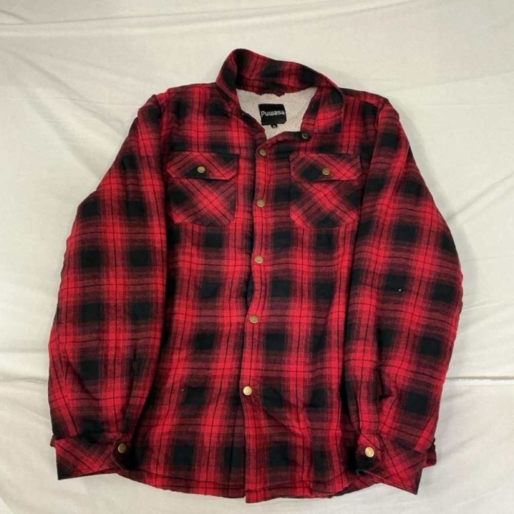 Sherpa-Lined Red & Black Plaid Flannel Jacket – Men's XL ❤️🖤